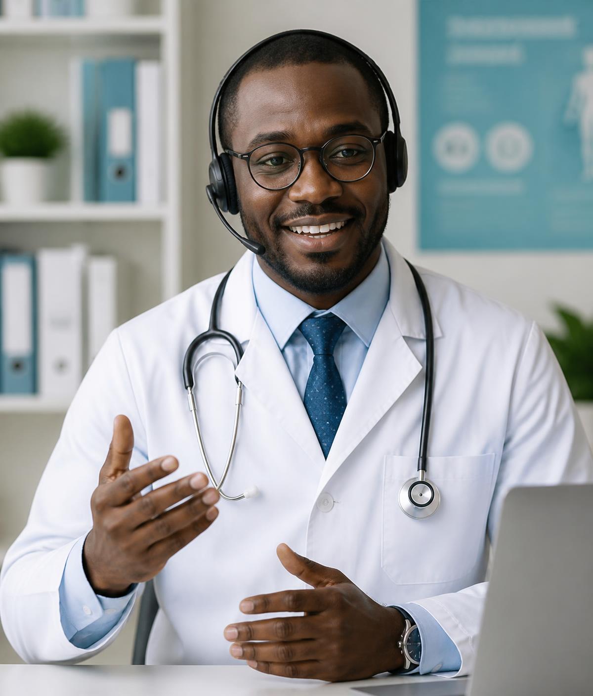 Médecin ivoirien en consultation audio avec un casque